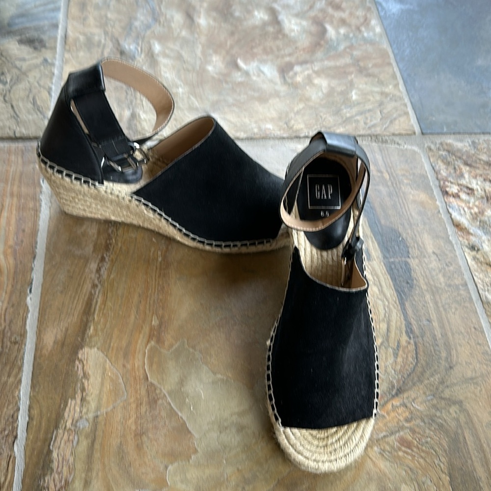 GAP Espadrilles Black Suede w/ Leather Silver Buckle Ankle Strap Size 8.5